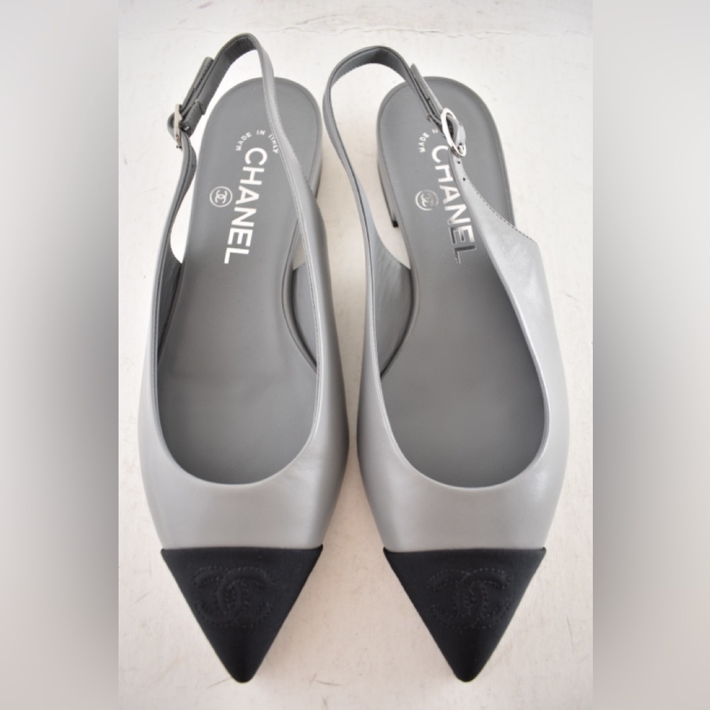 Chanel 24A Gray Leather Black CC Logo Coco Slingback Pointed Toe Ballet Flat 36c - Picture 7 of 16